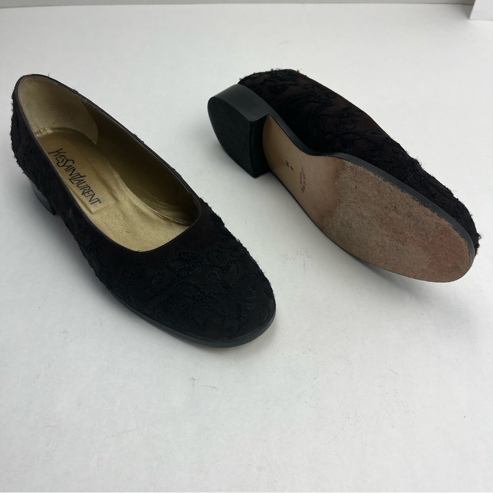 Yves‎ Saint Laurent Vintage Black Brown Velvet Embroidered Shoes Womens 8M *FLAW